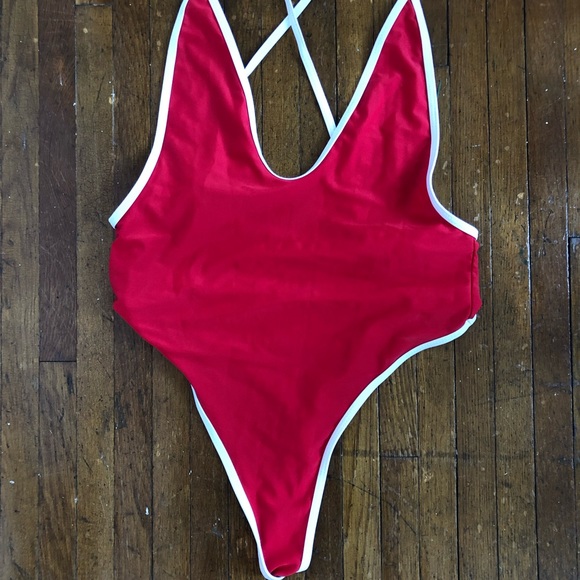 Red & White thong 1 piece suit - Picture 1 of 2
